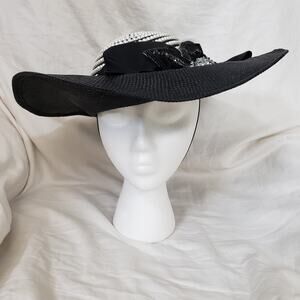Vintage Whittall & Shon Cartwheel Style Hat Black Faux Pearls on Crown Derby